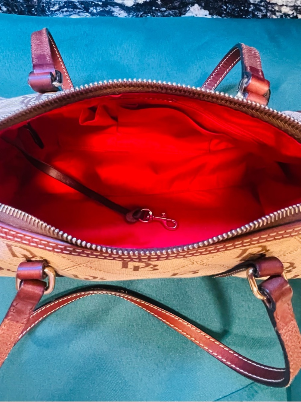 Dooney & Bourke Beige and Brown Monogram Barrel Shoulder Bag - Picture 9 of 11